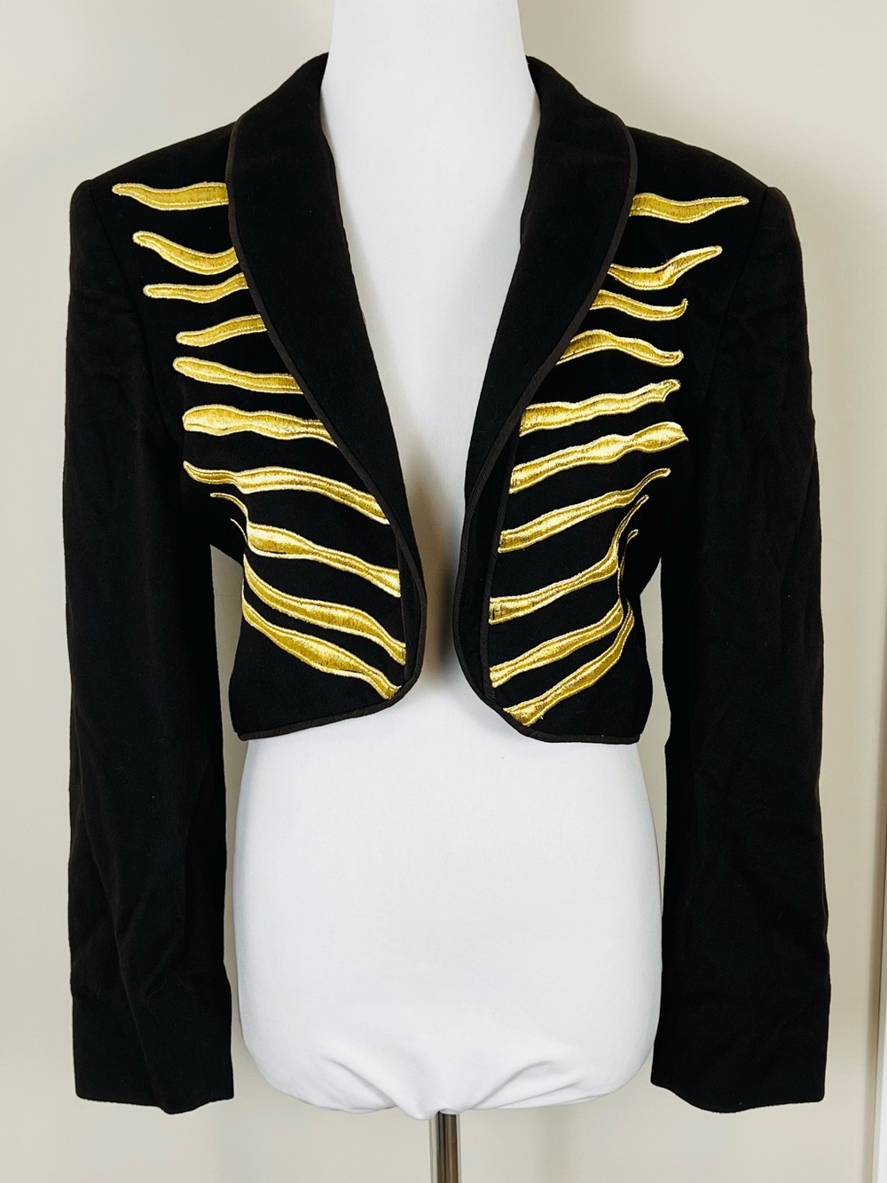 Escada Brown Wool Cropped Blazer with Gold Wave Embroidery